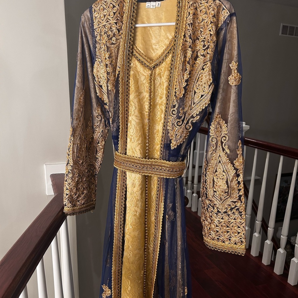 Gold and Blue Embroidered Robe Moroccan Kaftan